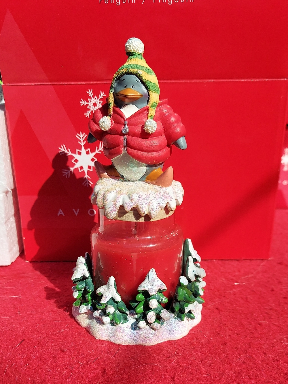 Avon Red Holiday Penguin Jar Candle with Green Hat and Snowy Trees